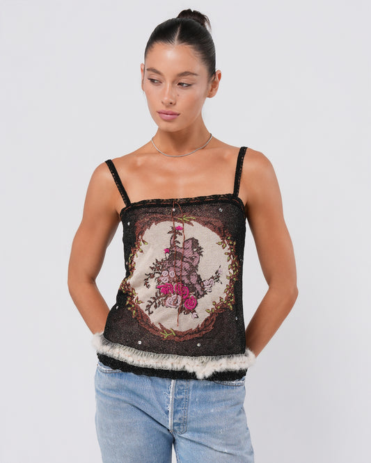 Sparkly Cherub Print Shirt With Fur Trim
