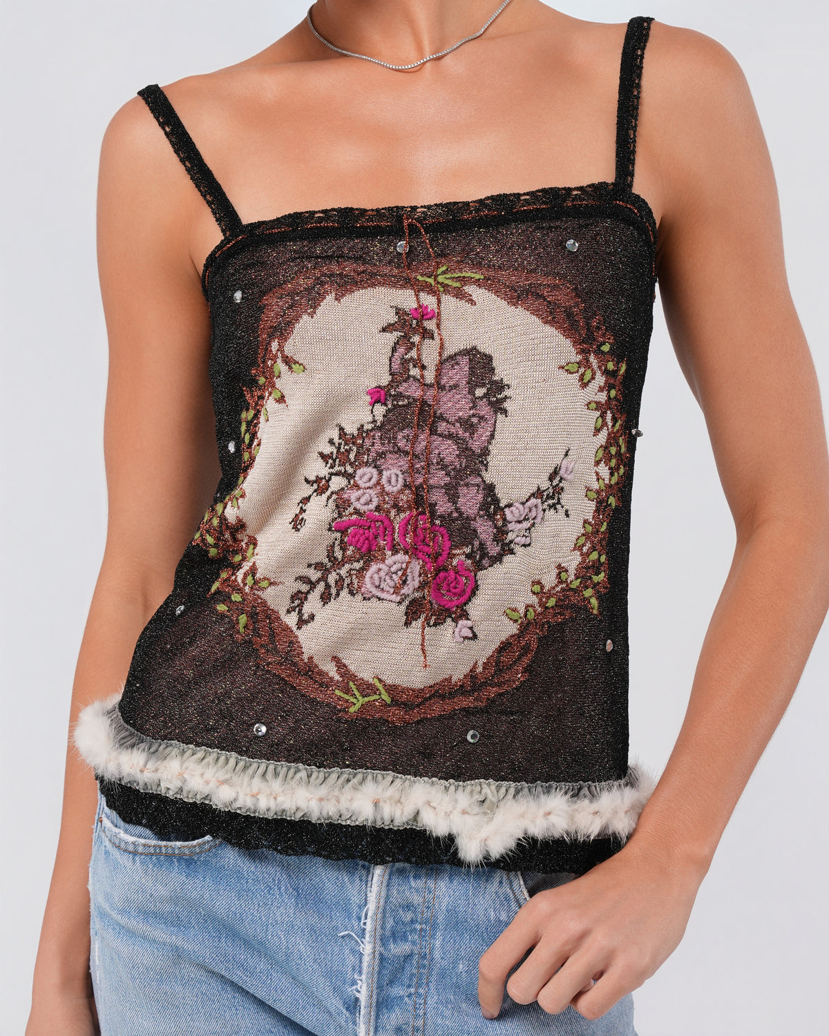 Sparkly Cherub Print Shirt With Fur Trim