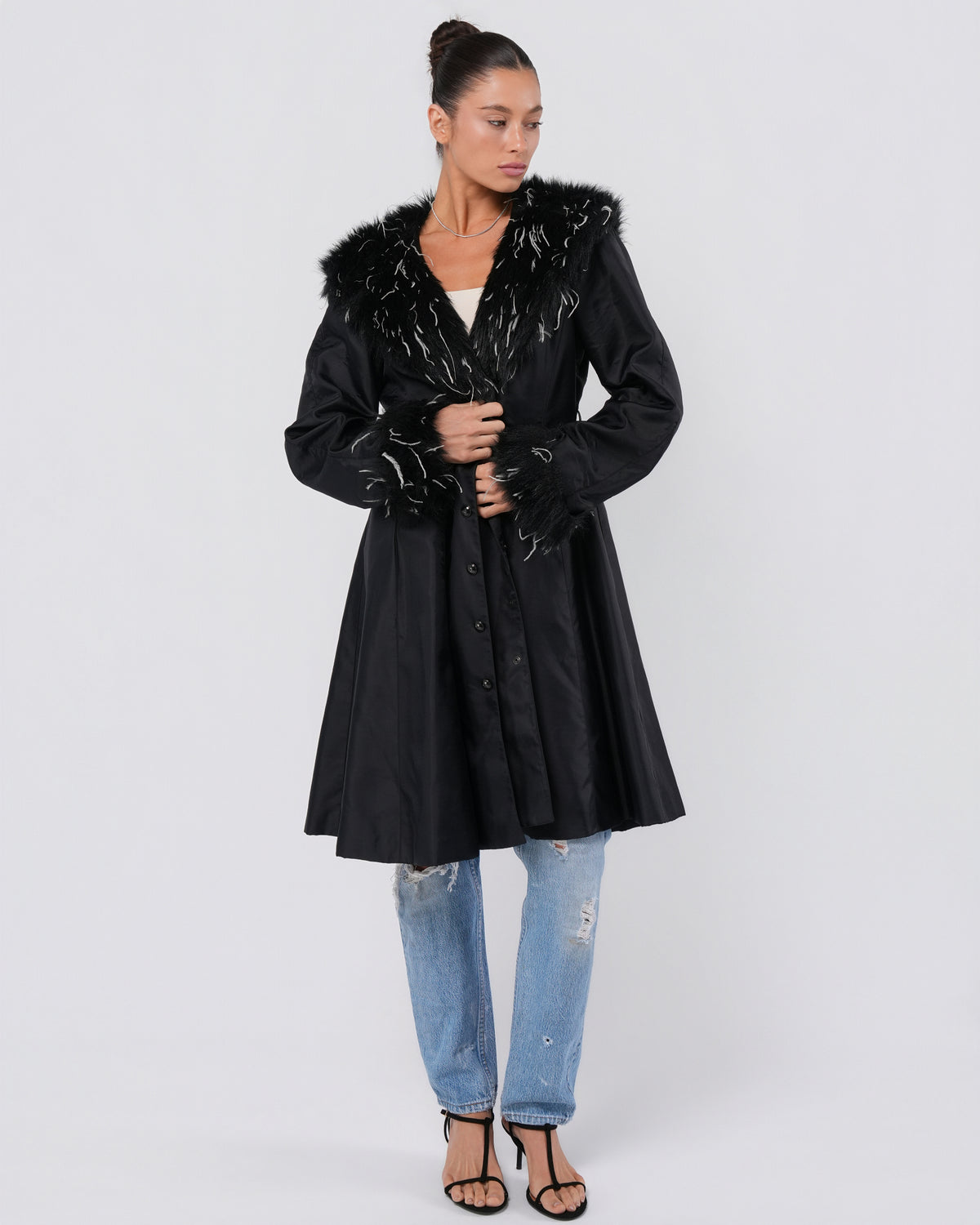 1990s Faux Fur Trimmed Nylon Trench Coat
