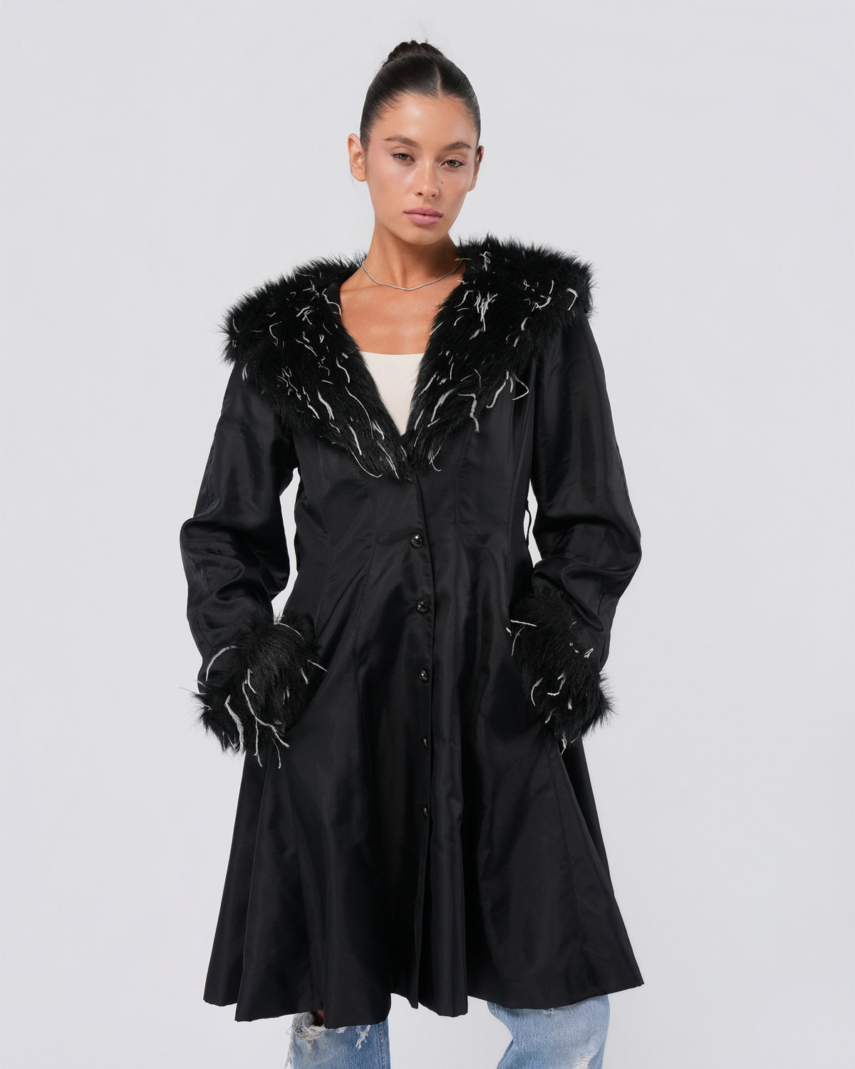1990s Faux Fur Trimmed Nylon Trench Coat