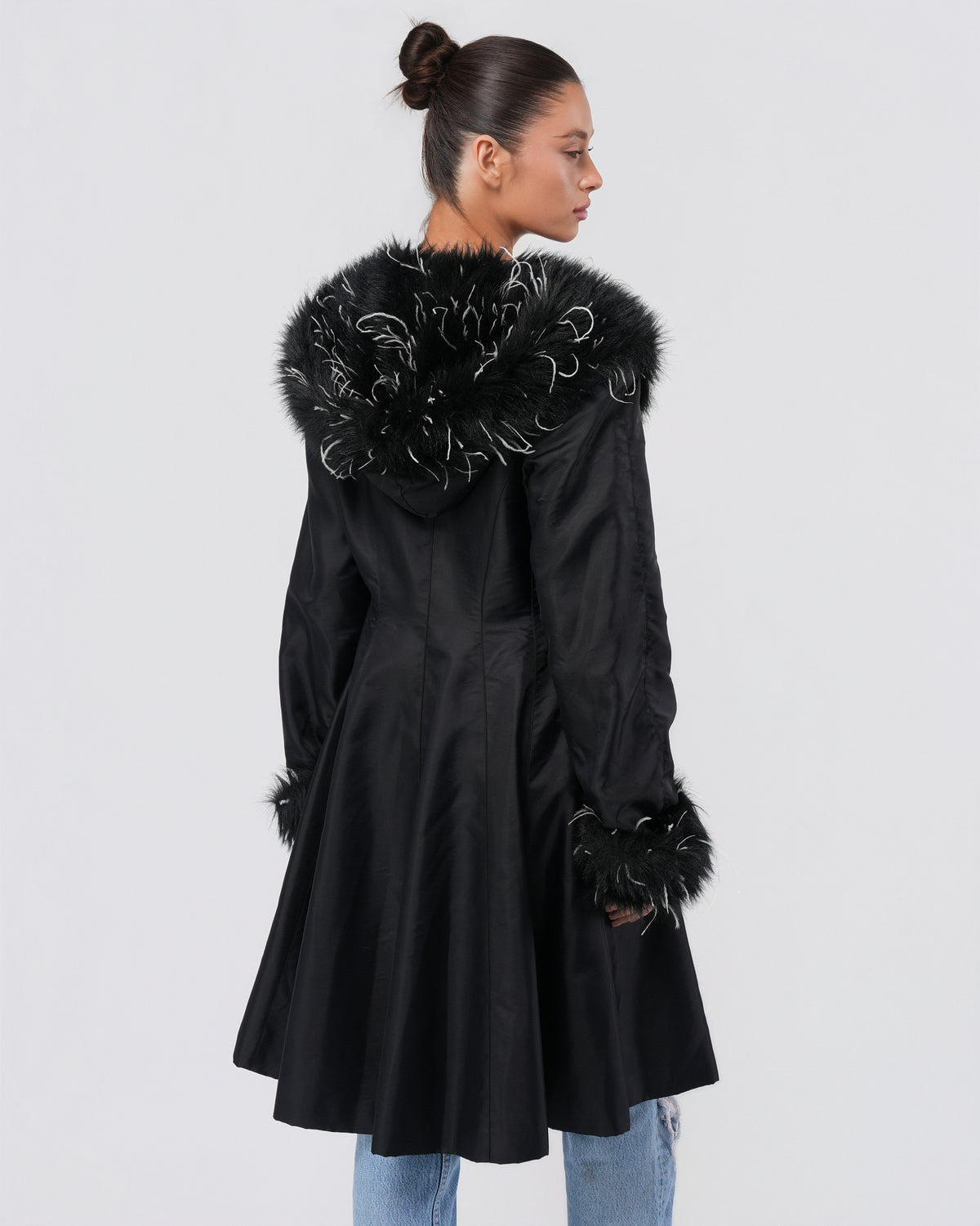 1990s Faux Fur Trimmed Nylon Trench Coat