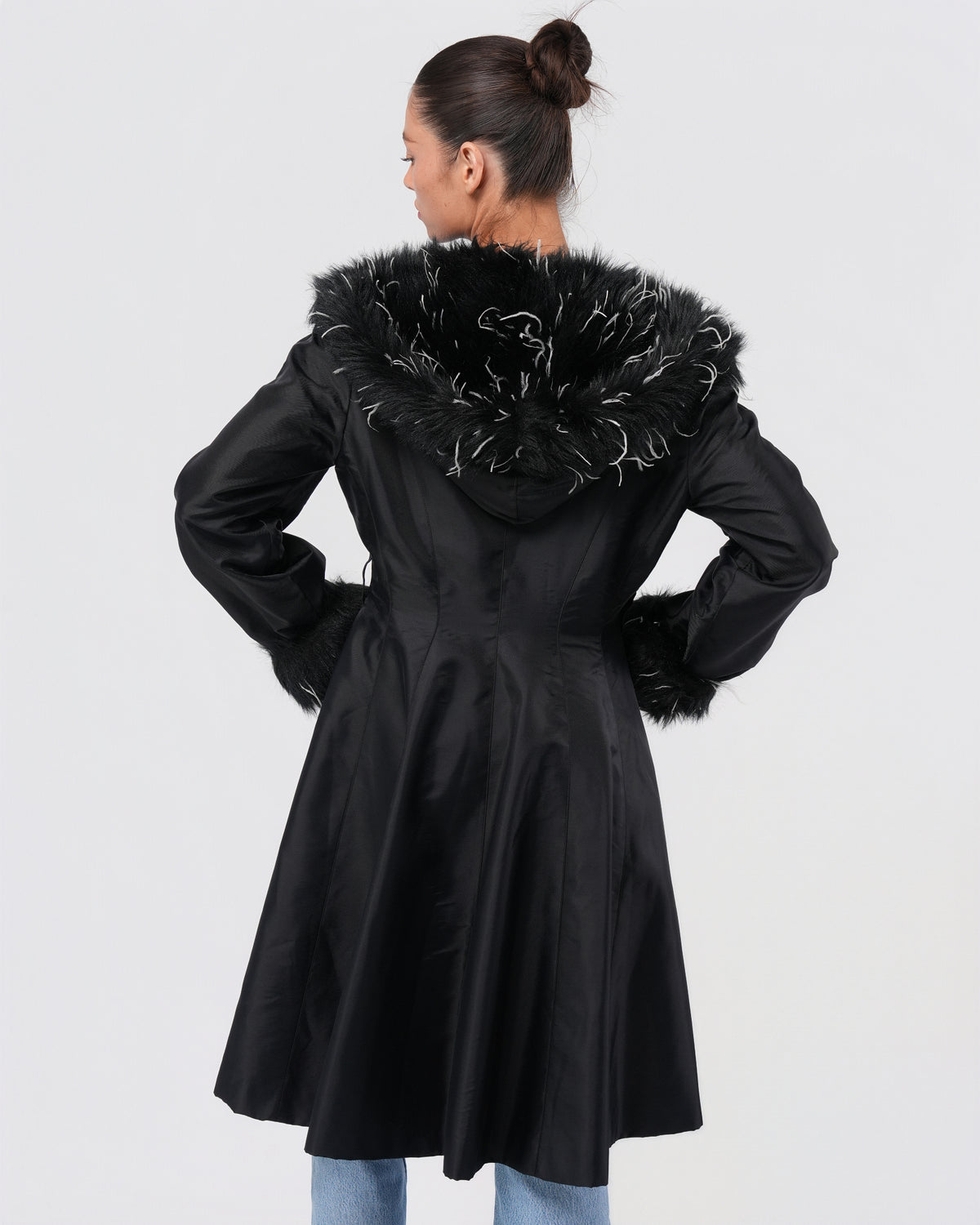 1990s Faux Fur Trimmed Nylon Trench Coat