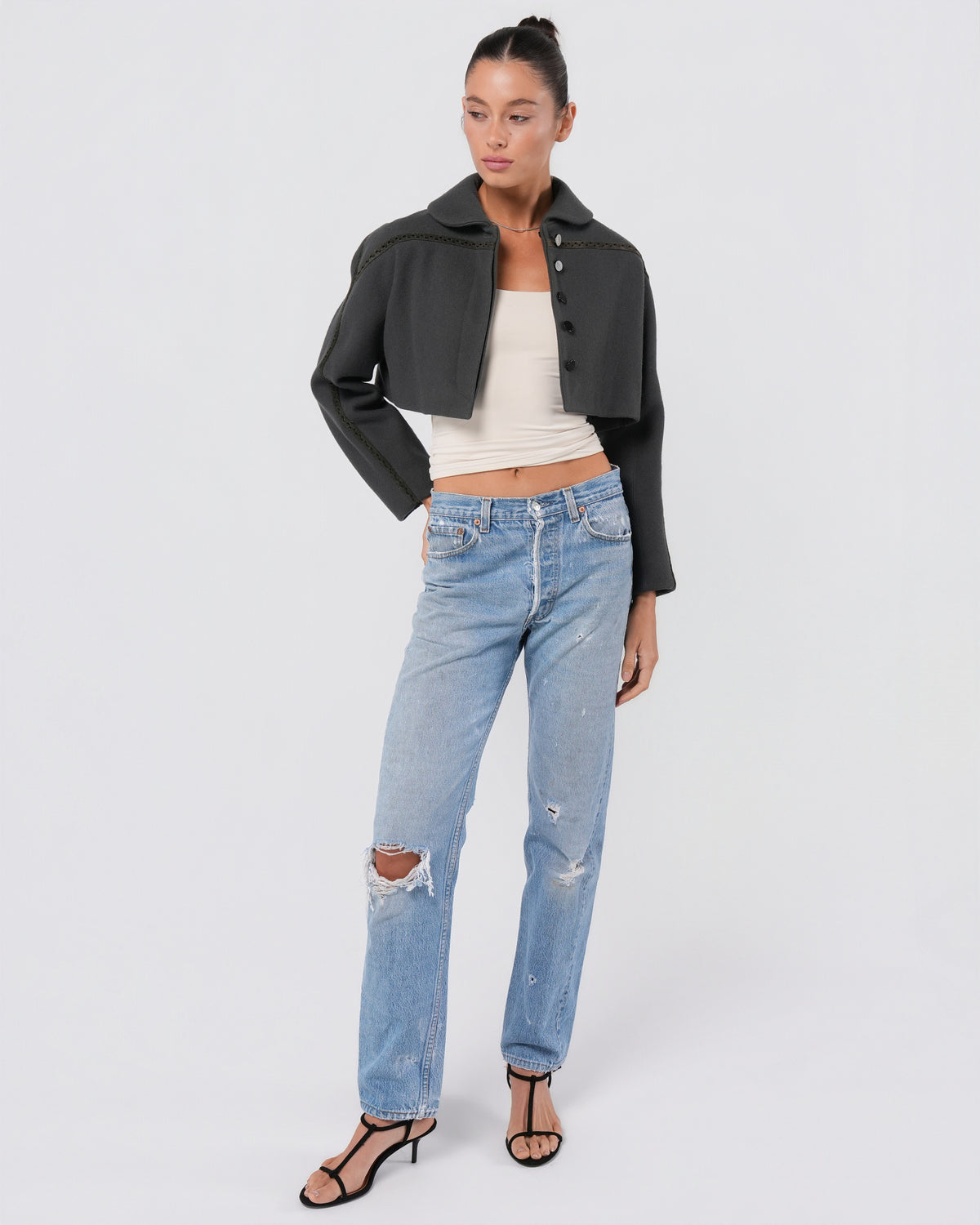 2010s Cropped Jacket With Leather Detail