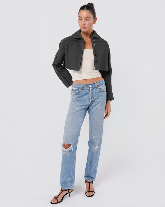2010s Cropped Jacket With Leather Detail