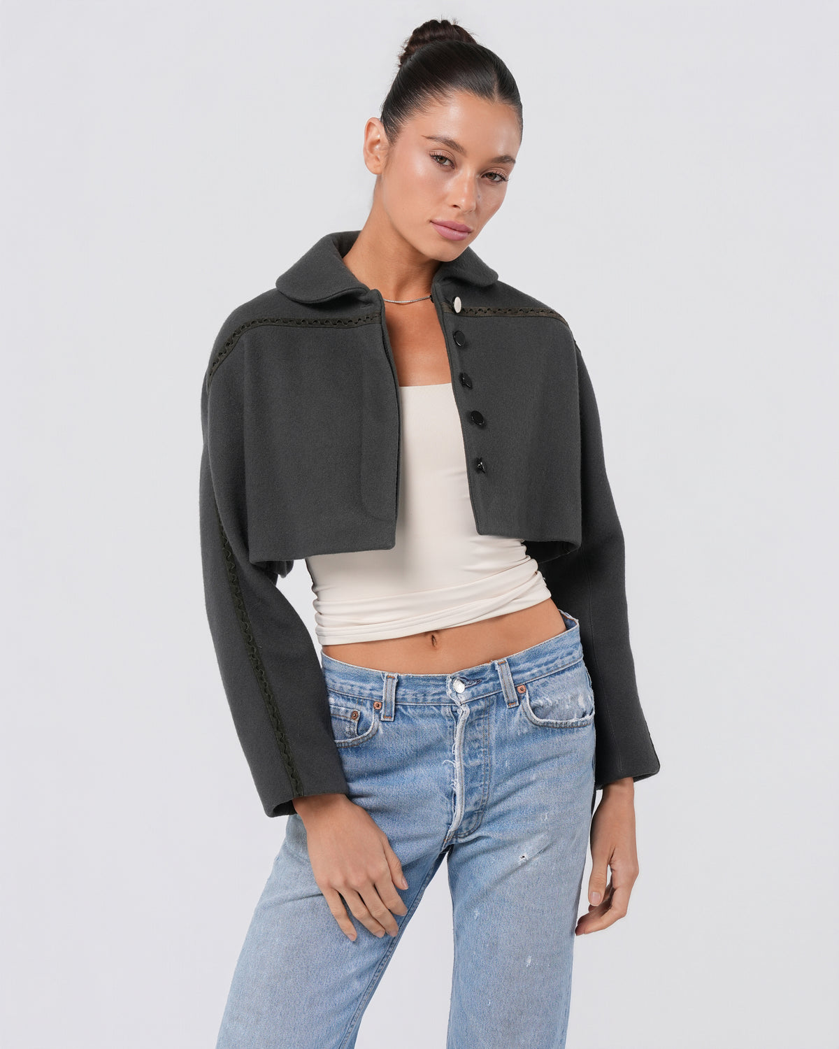 2010s Cropped Jacket With Leather Detail