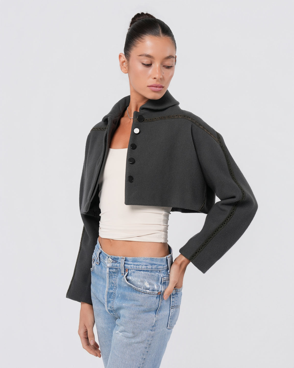2010s Cropped Jacket With Leather Detail
