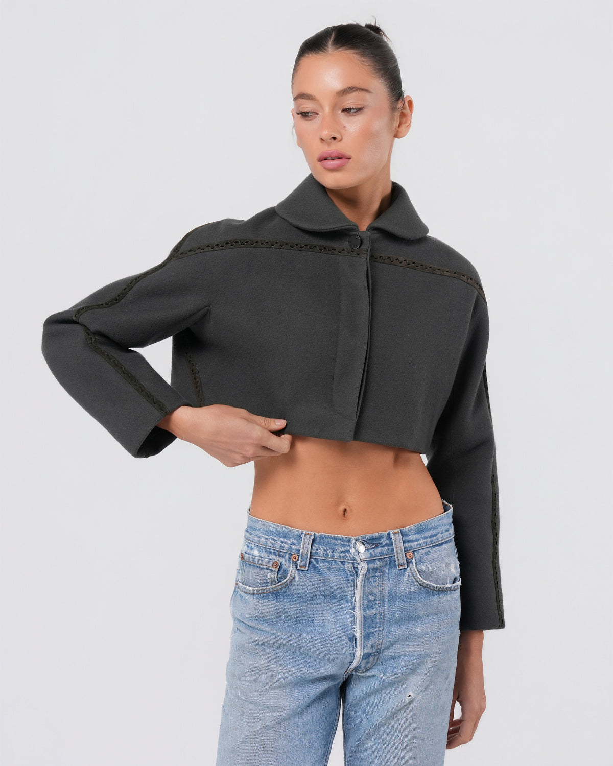 2010s Cropped Jacket With Leather Detail