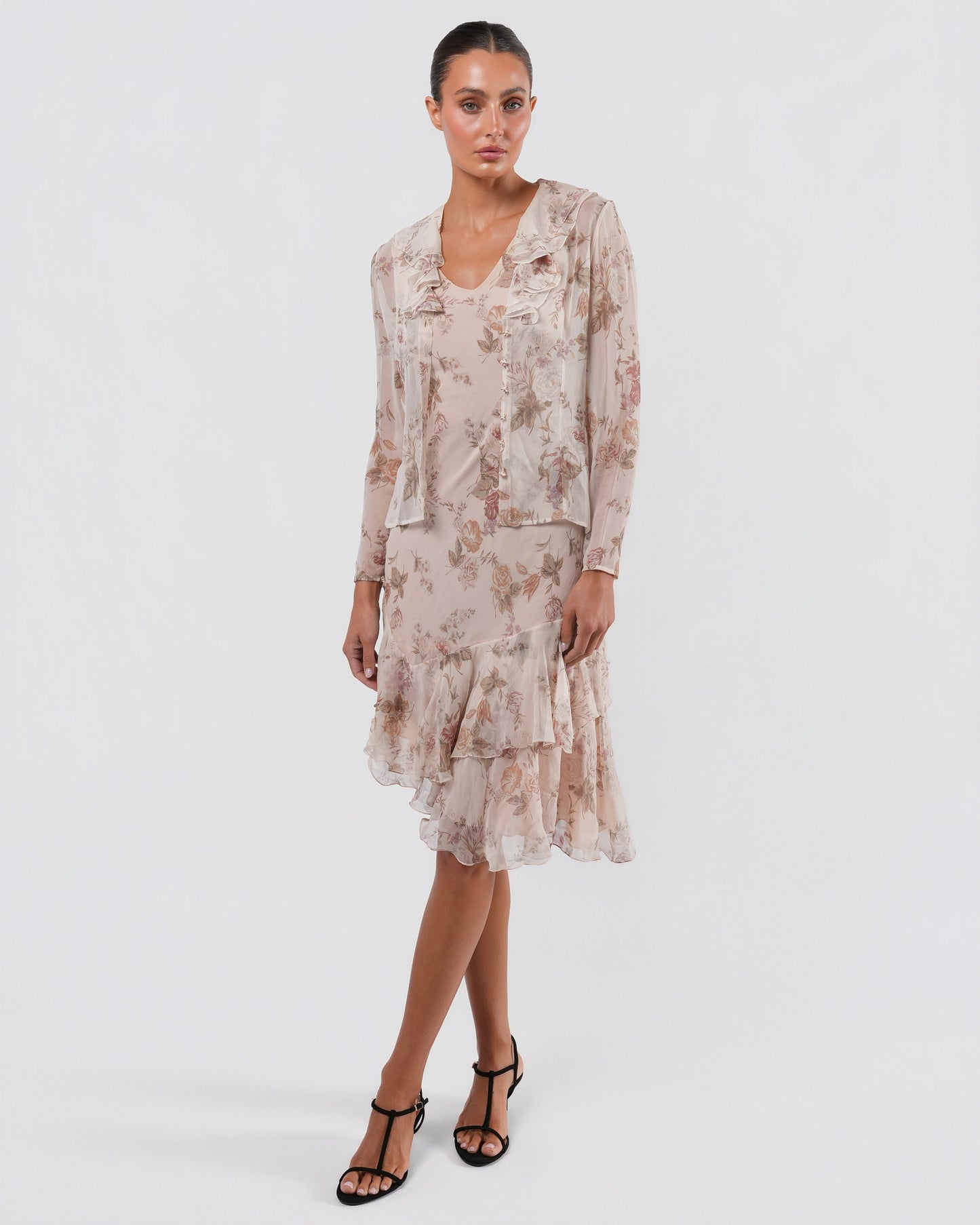 FW 1997 Floral Silk Dress And Jacket With Rose Buttons