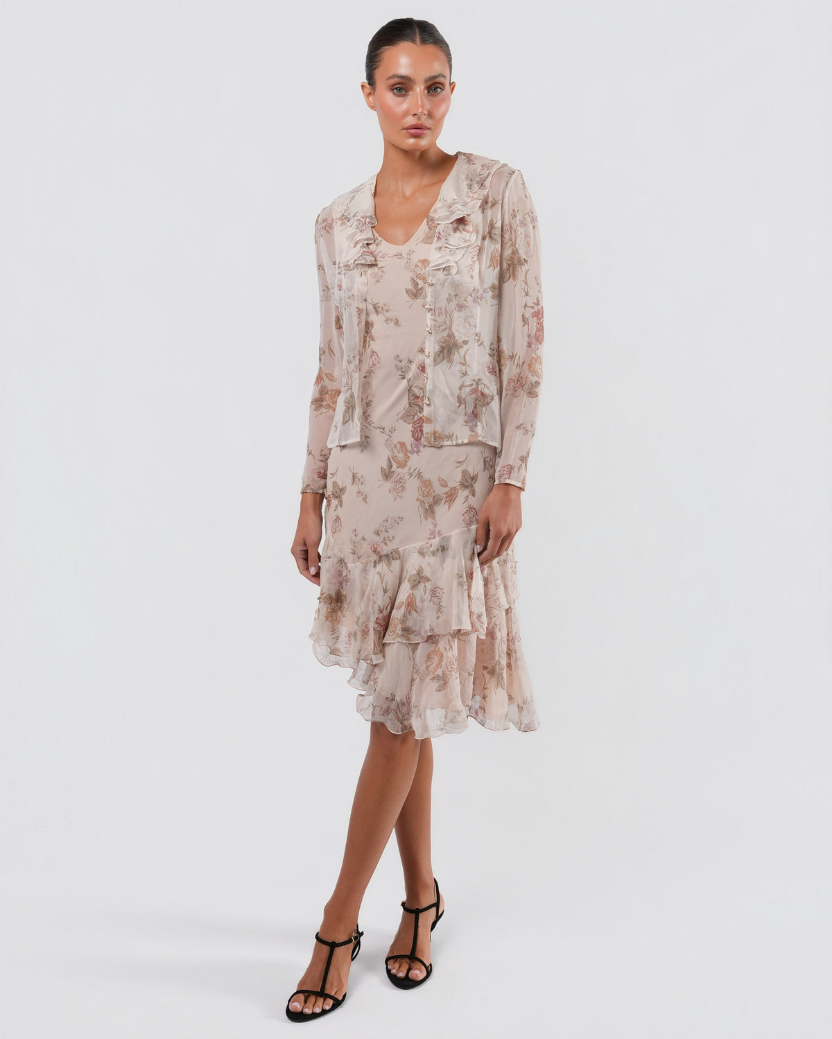 FW 1997 Floral Silk Dress And Jacket With Rose Buttons