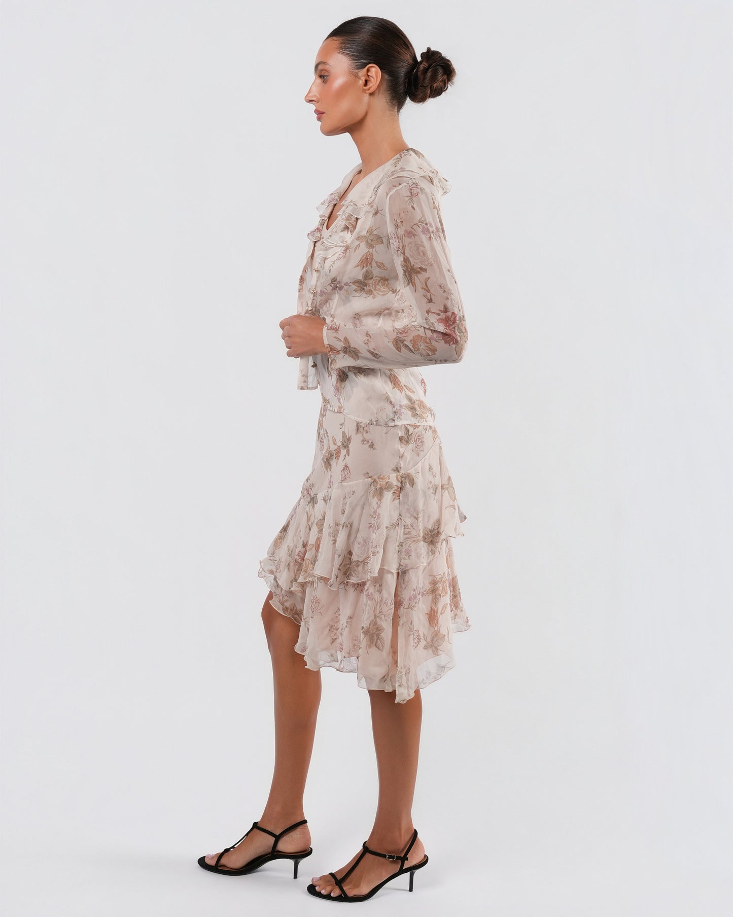 FW 1997 Floral Silk Dress And Jacket With Rose Buttons