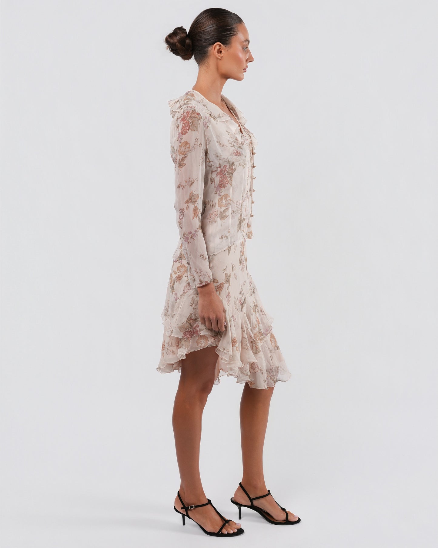 FW 1997 Floral Silk Dress And Jacket With Rose Buttons