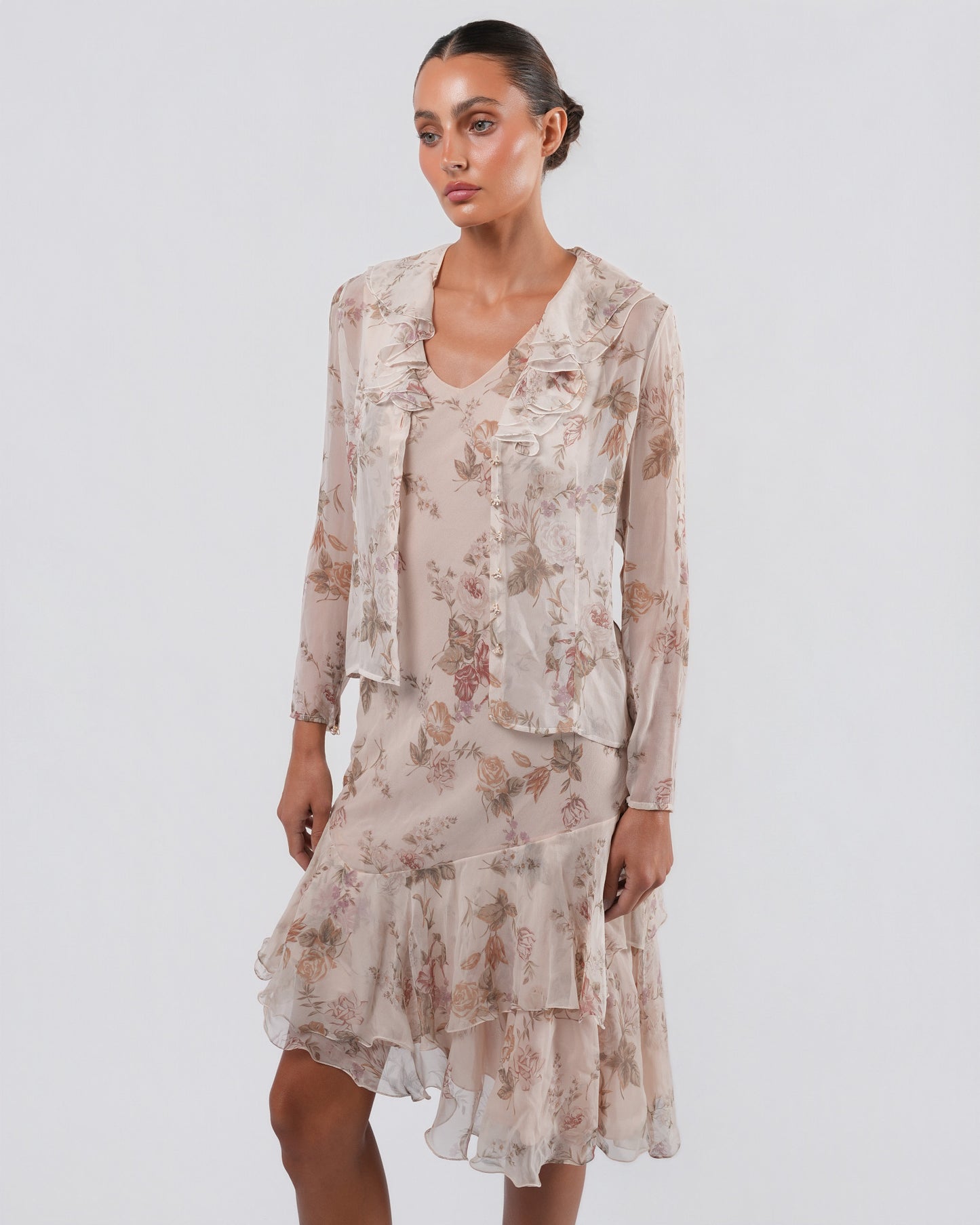 FW 1997 Floral Silk Dress And Jacket With Rose Buttons