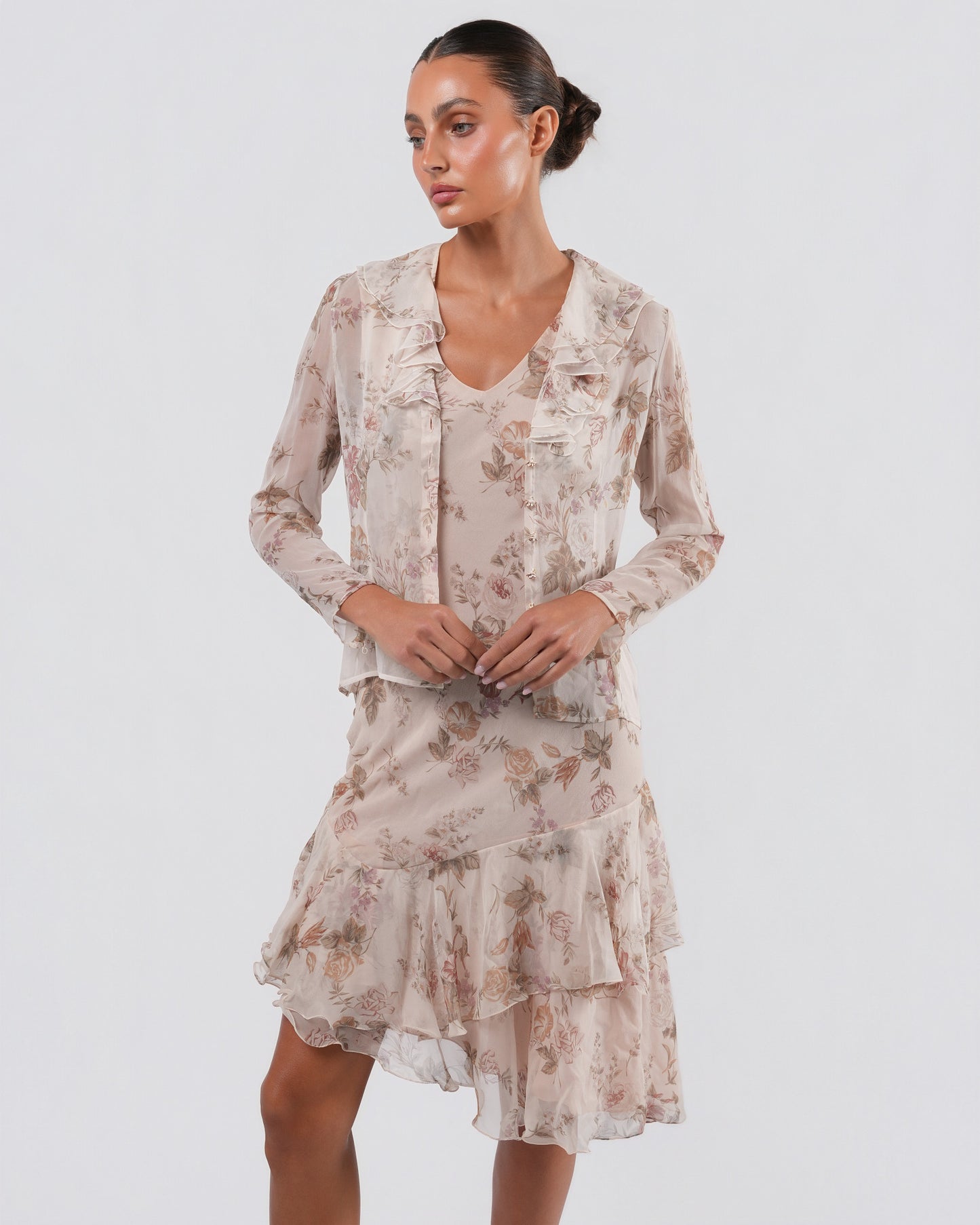 FW 1997 Floral Silk Dress And Jacket With Rose Buttons