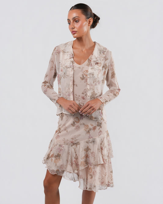 FW 1997 Floral Silk Dress And Jacket With Rose Buttons