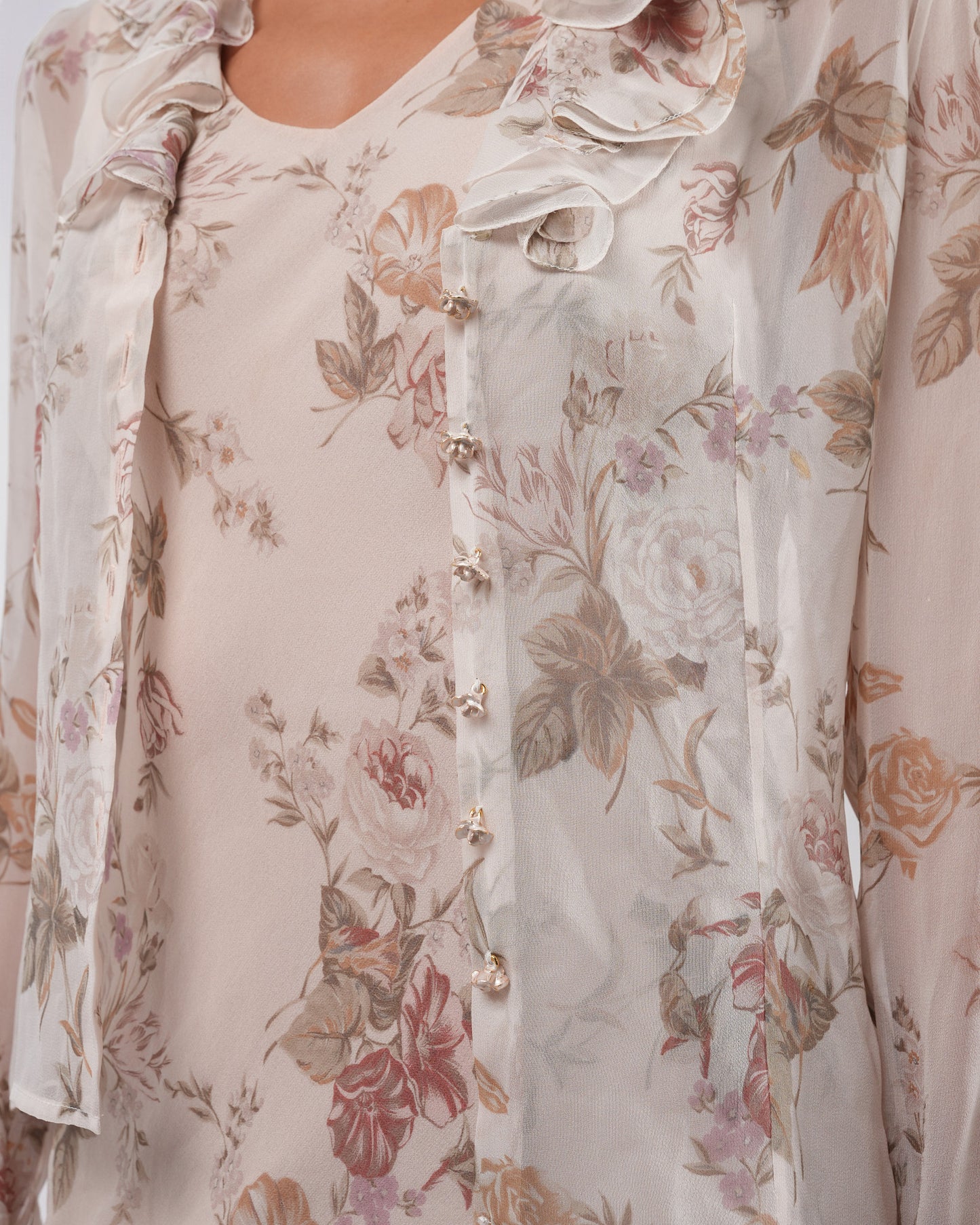 FW 1997 Floral Silk Dress And Jacket With Rose Buttons