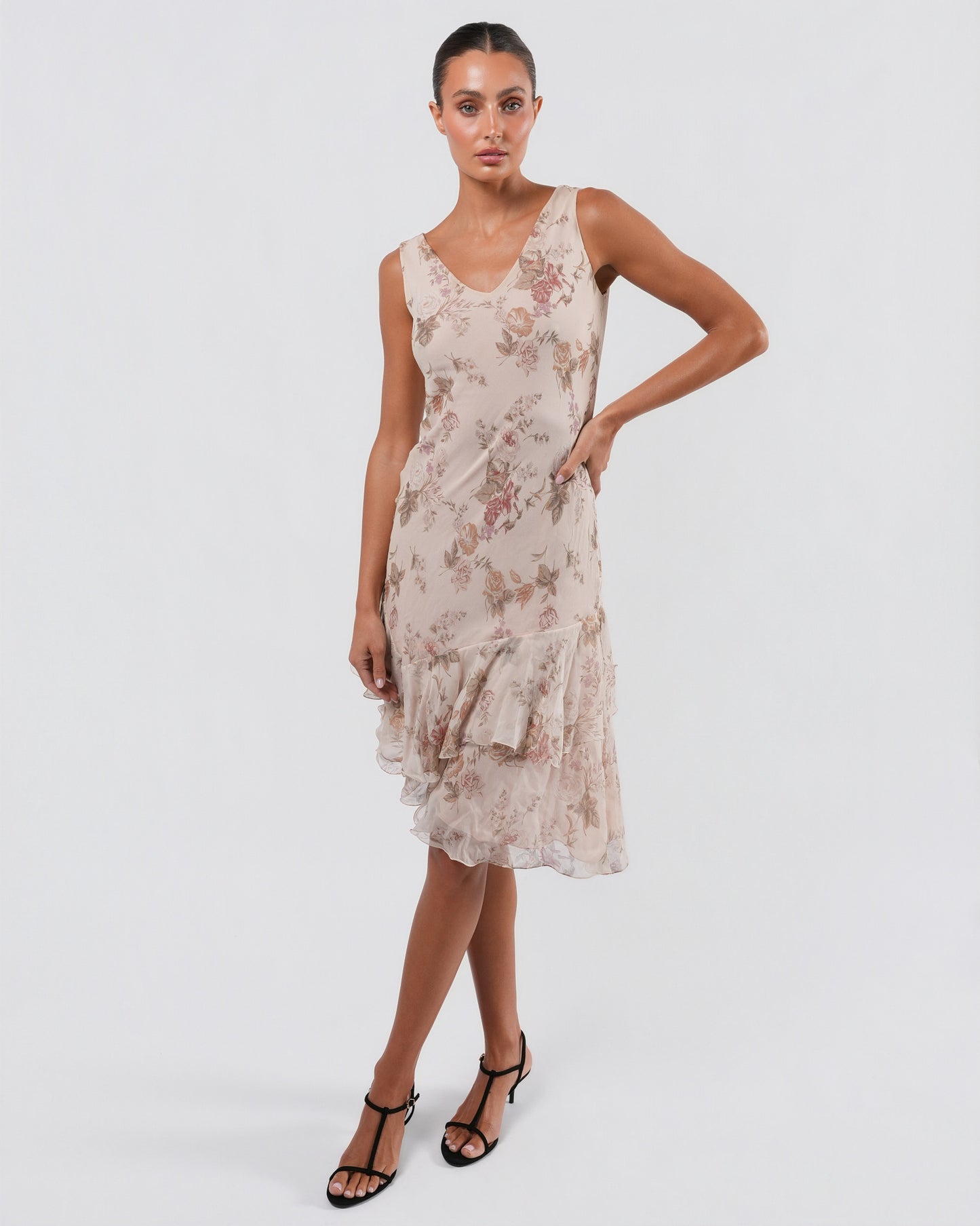 FW 1997 Floral Silk Dress And Jacket With Rose Buttons