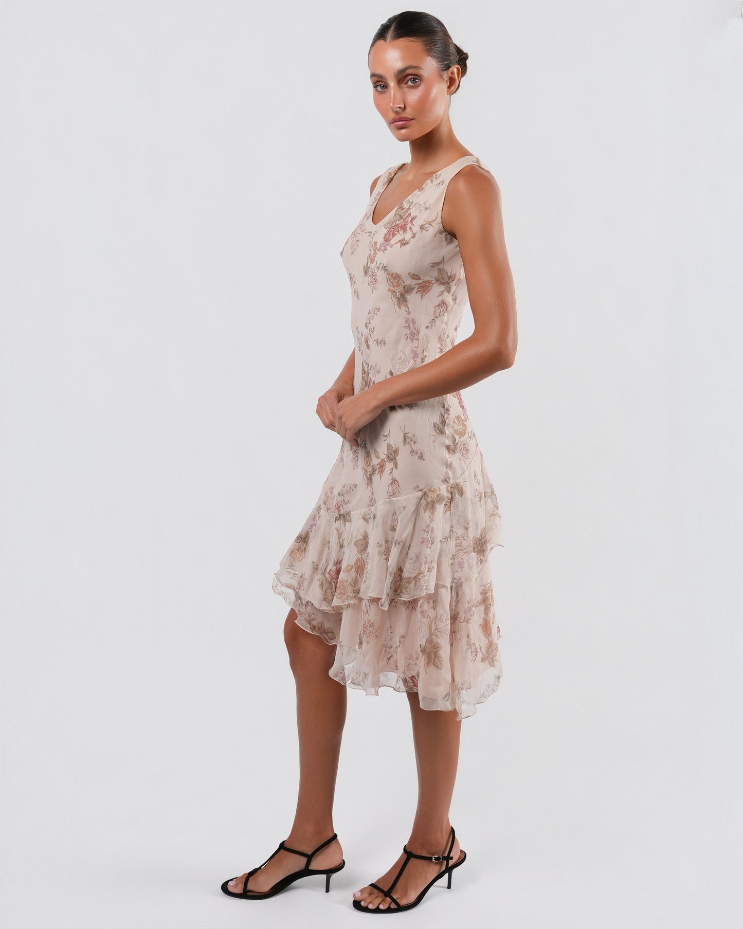 FW 1997 Floral Silk Dress And Jacket With Rose Buttons