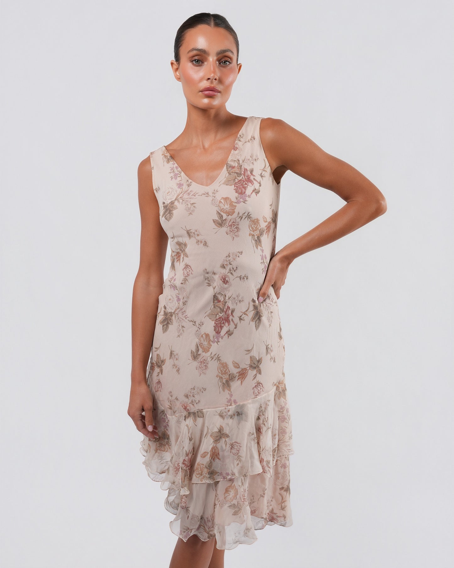 FW 1997 Floral Silk Dress And Jacket With Rose Buttons