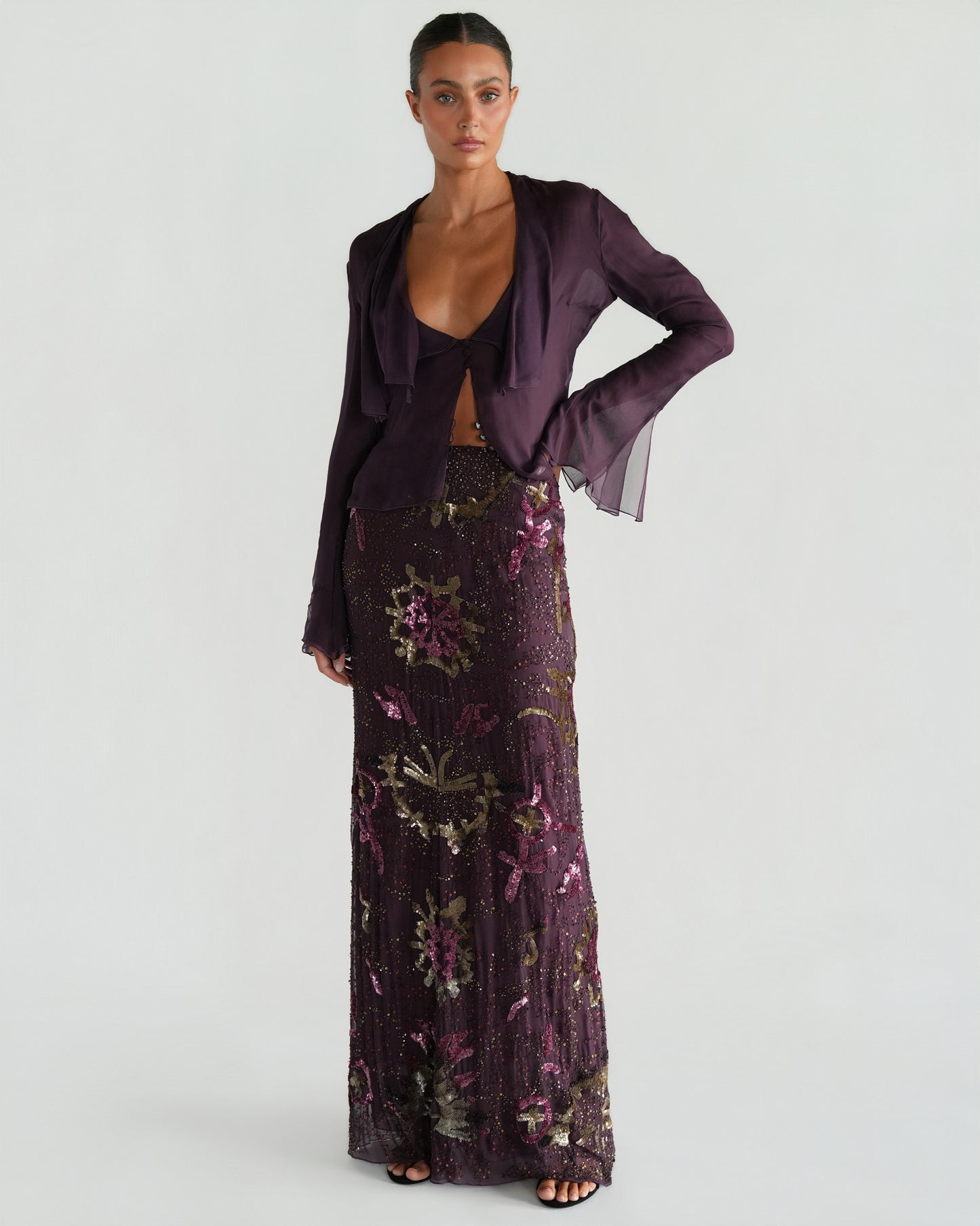 FW 2002 Beaded Skirt and Silk Shirt Set