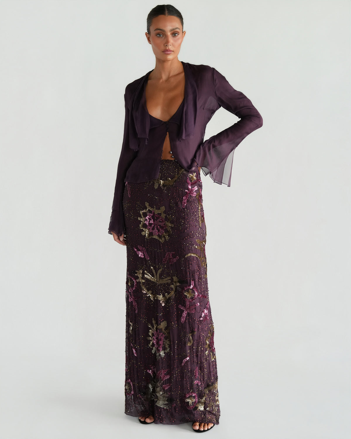FW 2002 Beaded Skirt and Silk Shirt Set