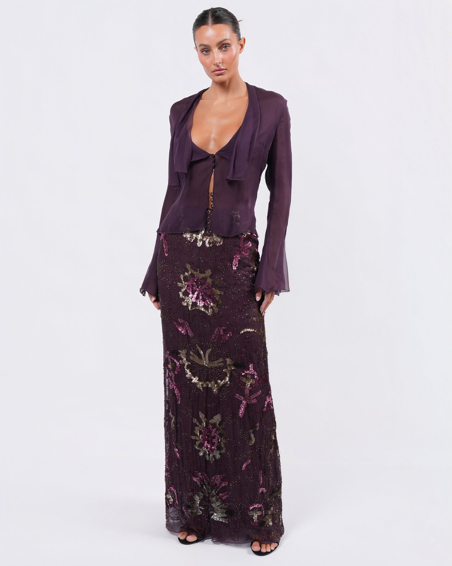 FW 2002 Beaded Skirt and Silk Shirt Set