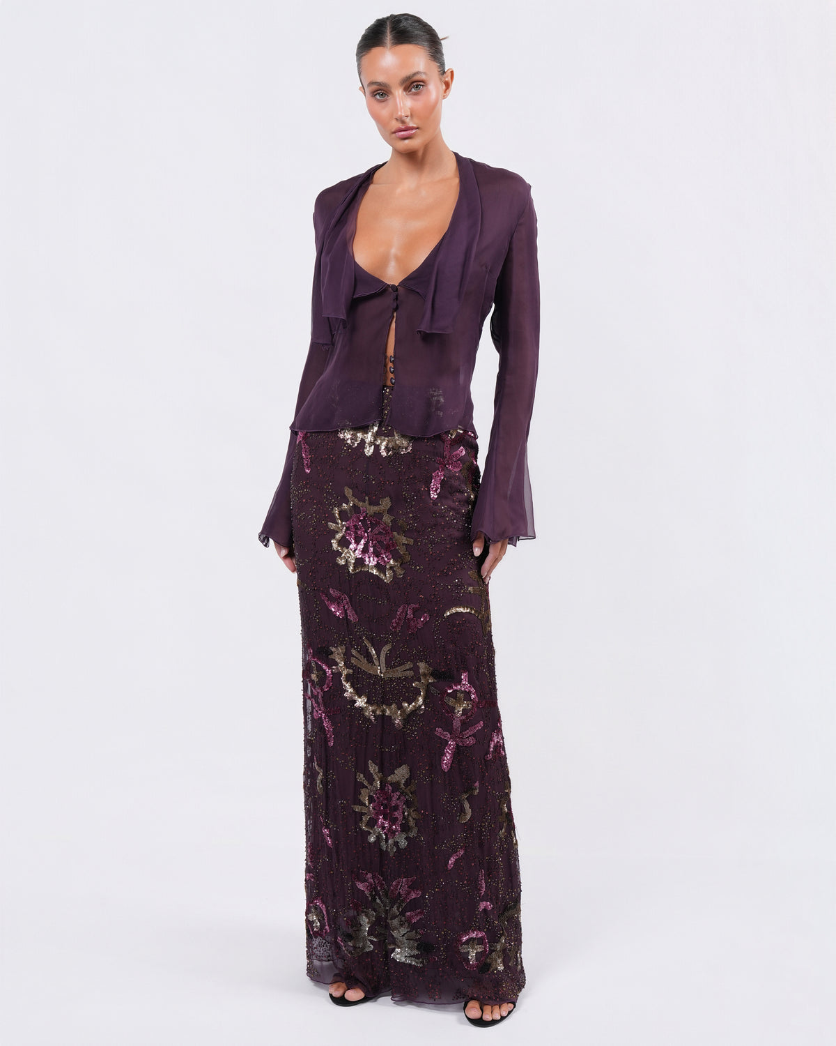 FW 2002 Beaded Skirt and Silk Shirt Set
