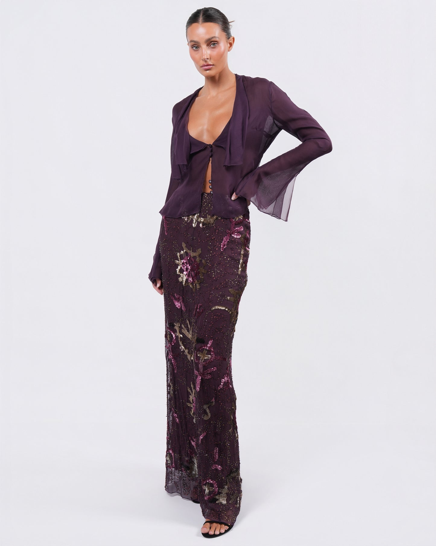 FW 2002 Beaded Skirt and Silk Shirt Set