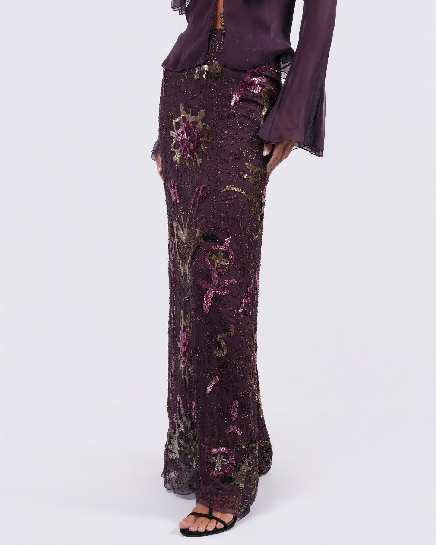FW 2002 Beaded Skirt and Silk Shirt Set