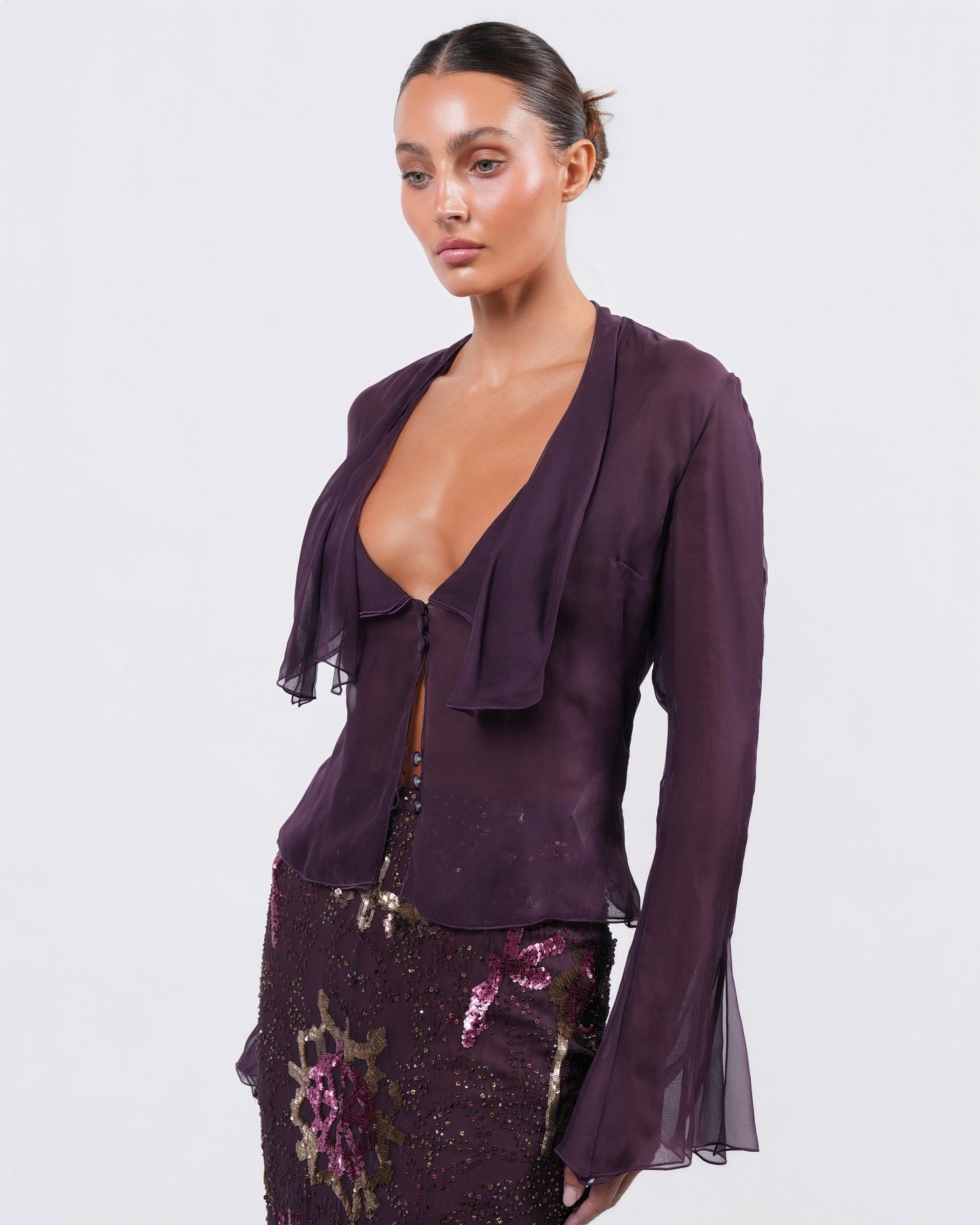 FW 2002 Beaded Skirt and Silk Shirt Set