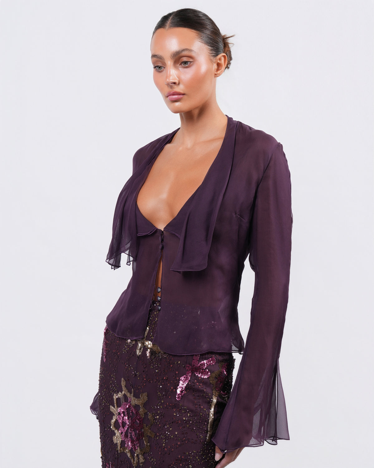 FW 2002 Beaded Skirt and Silk Shirt Set