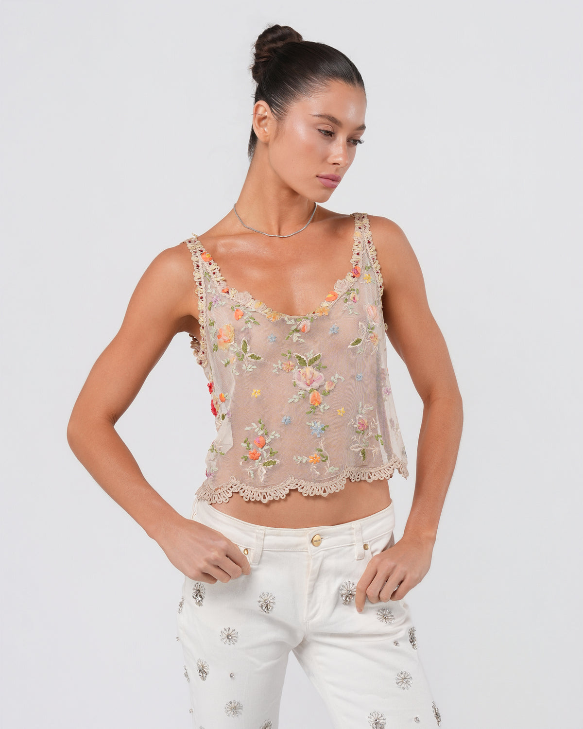 SS 2000 Floral Embroidered Mesh Top