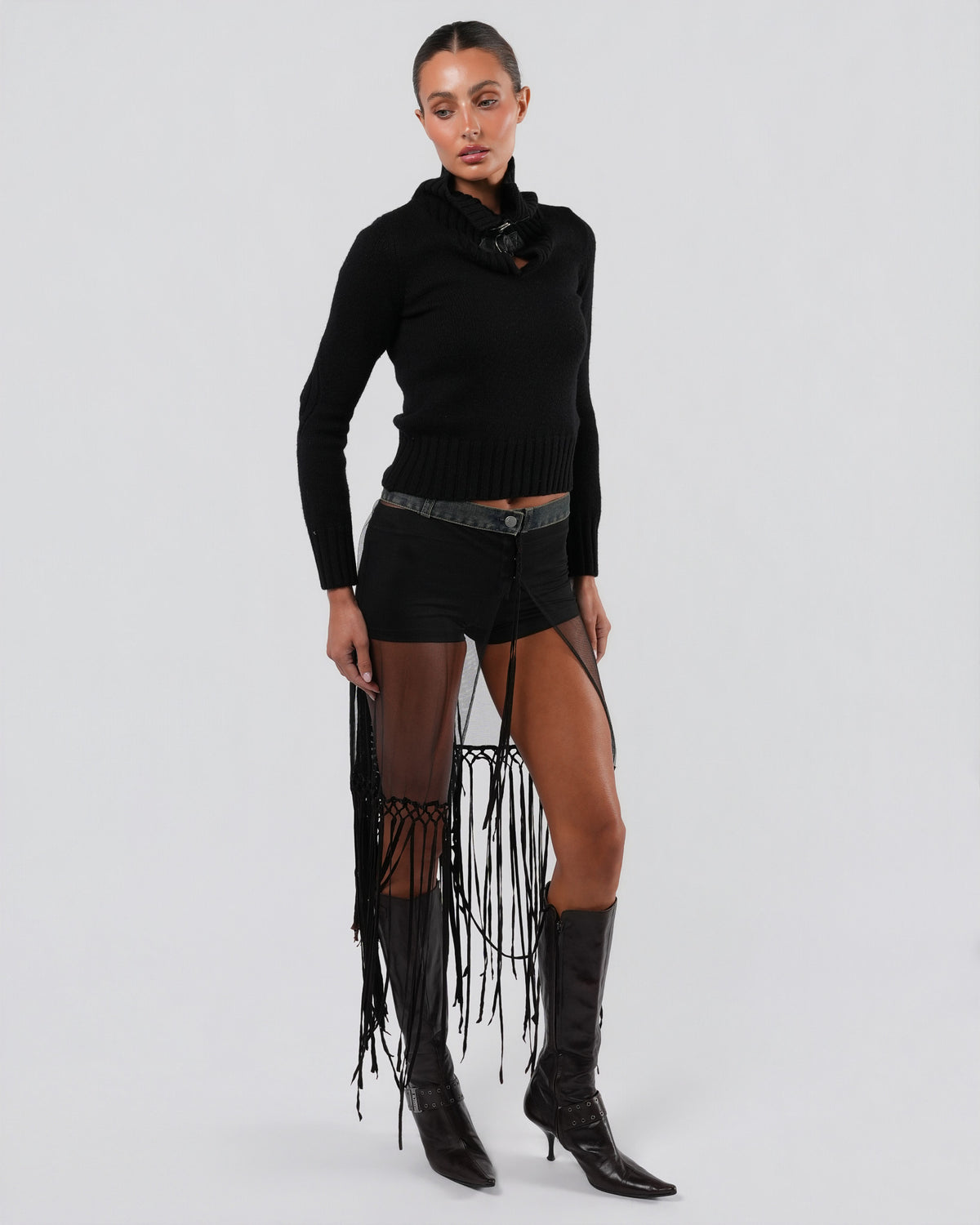 SS 2002 Mesh Skirt With Beaded Leather Detail