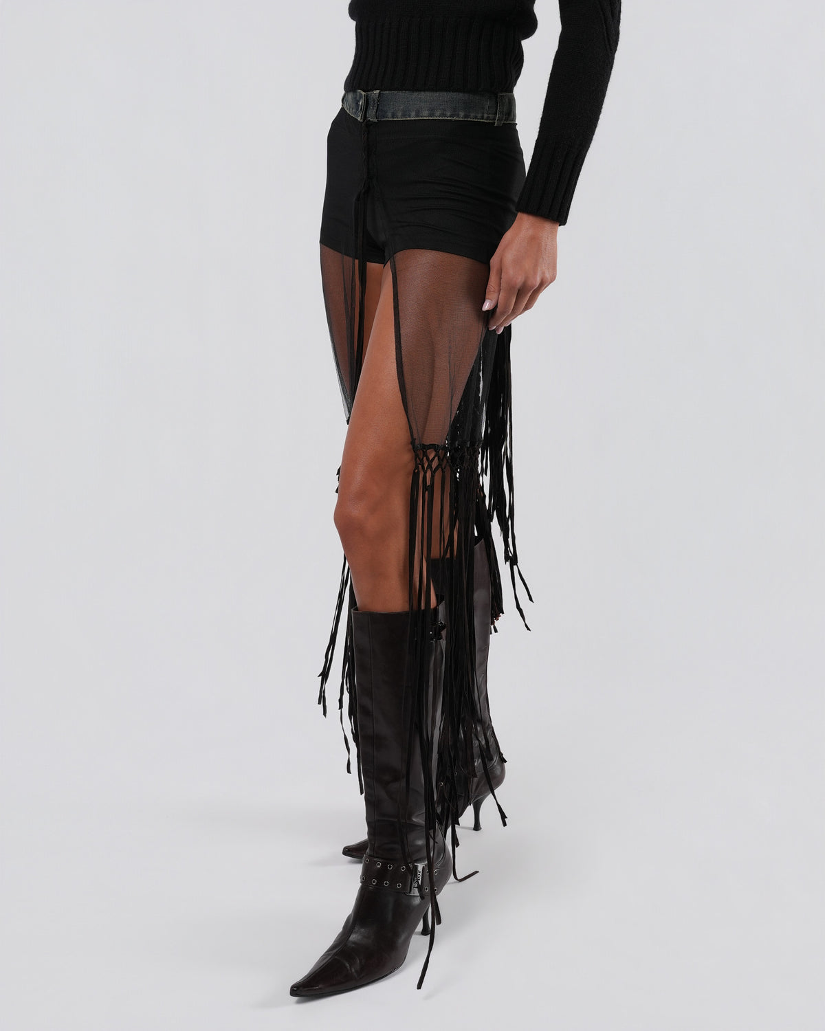 SS 2002 Mesh Skirt With Beaded Leather Detail