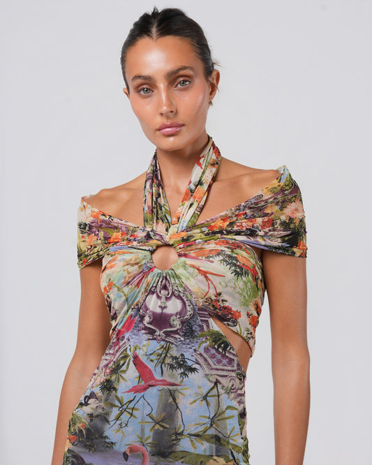 SS 1999 Tropical Print Mesh Cut-Out Gown
