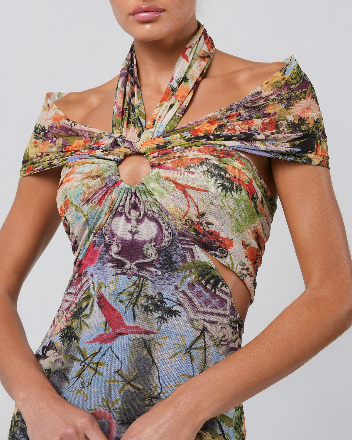 SS 1999 Tropical Print Mesh Cut-Out Gown