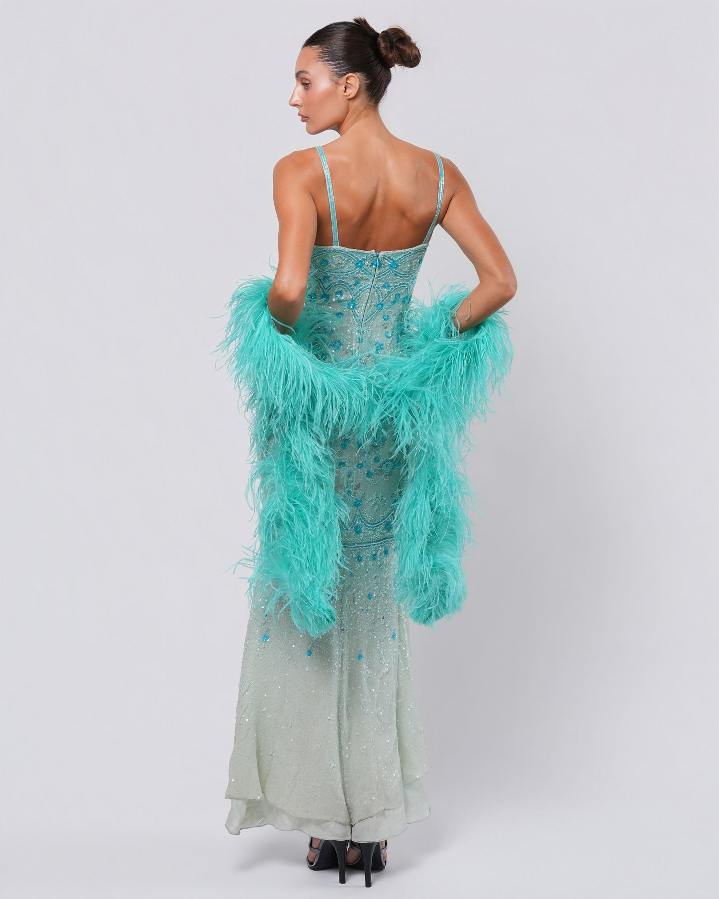SS 2000 Couture Runway Beaded Gown with Boa