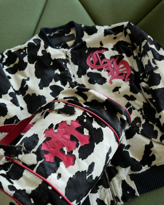 Cow Print Pony Hair Leather Bomber Jacket