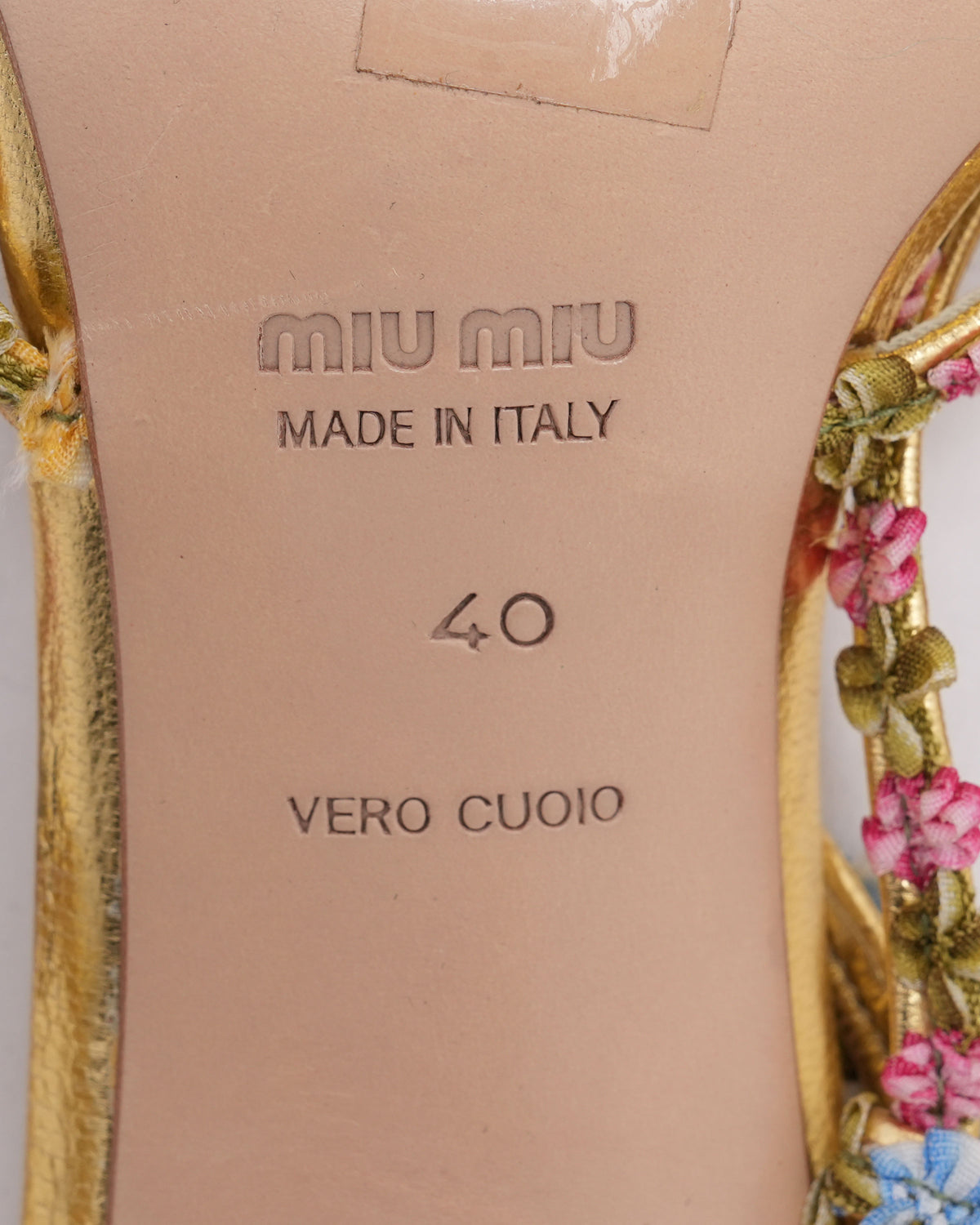Gold Leather Heels with Floral Detail (c. 2004)