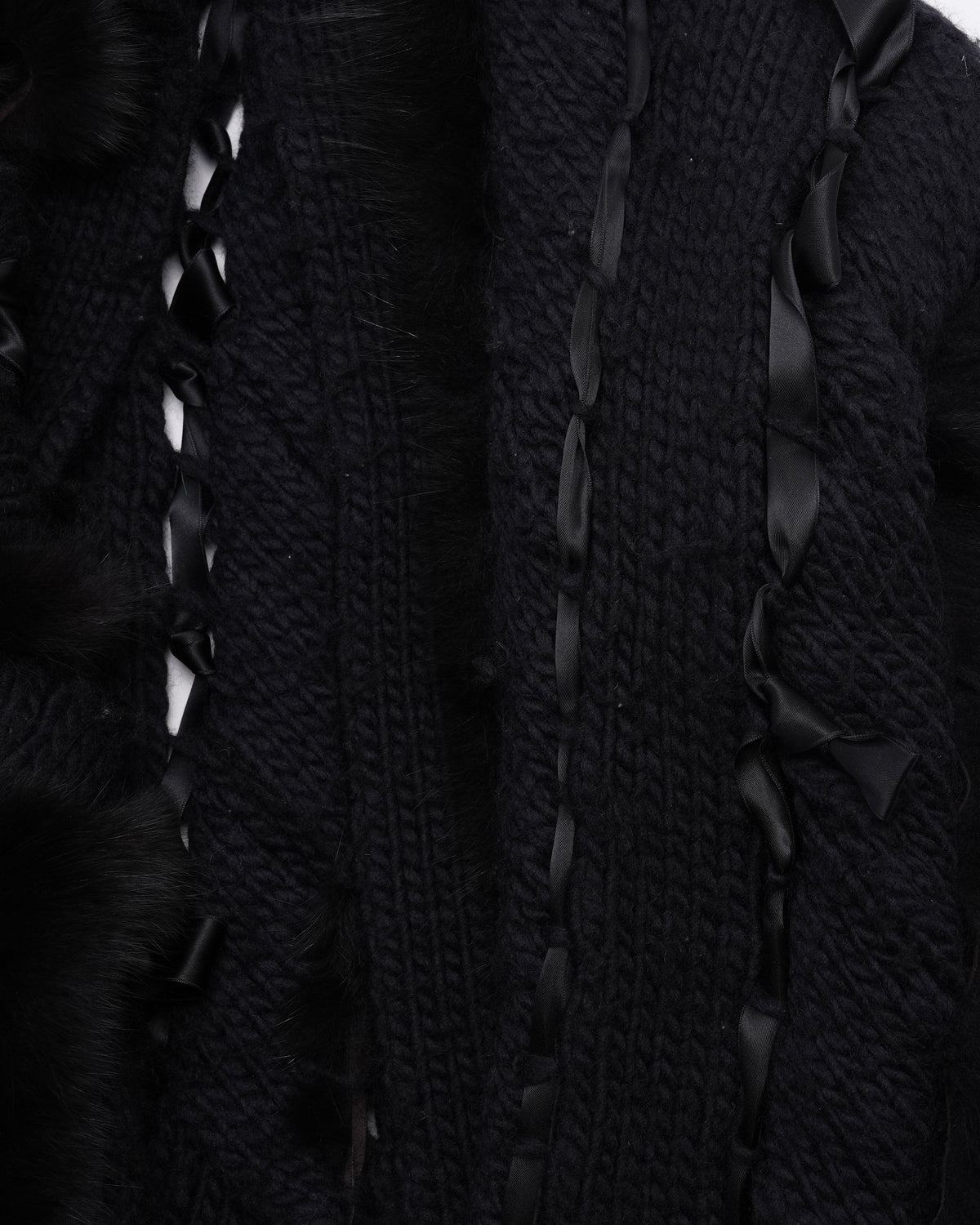 Iconic FW 2002 Fox Fur Black Wool Knit Cardigan