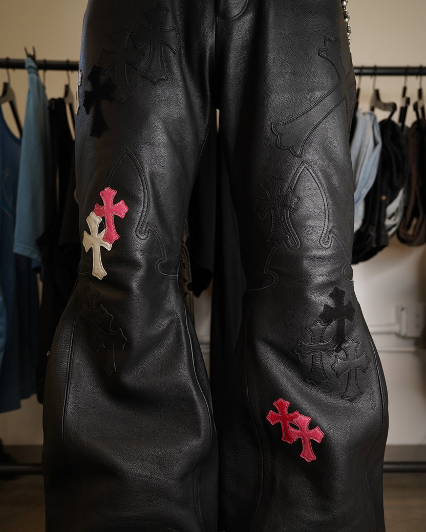 Leather Cross Patch Flared Pants "Final Boss"
