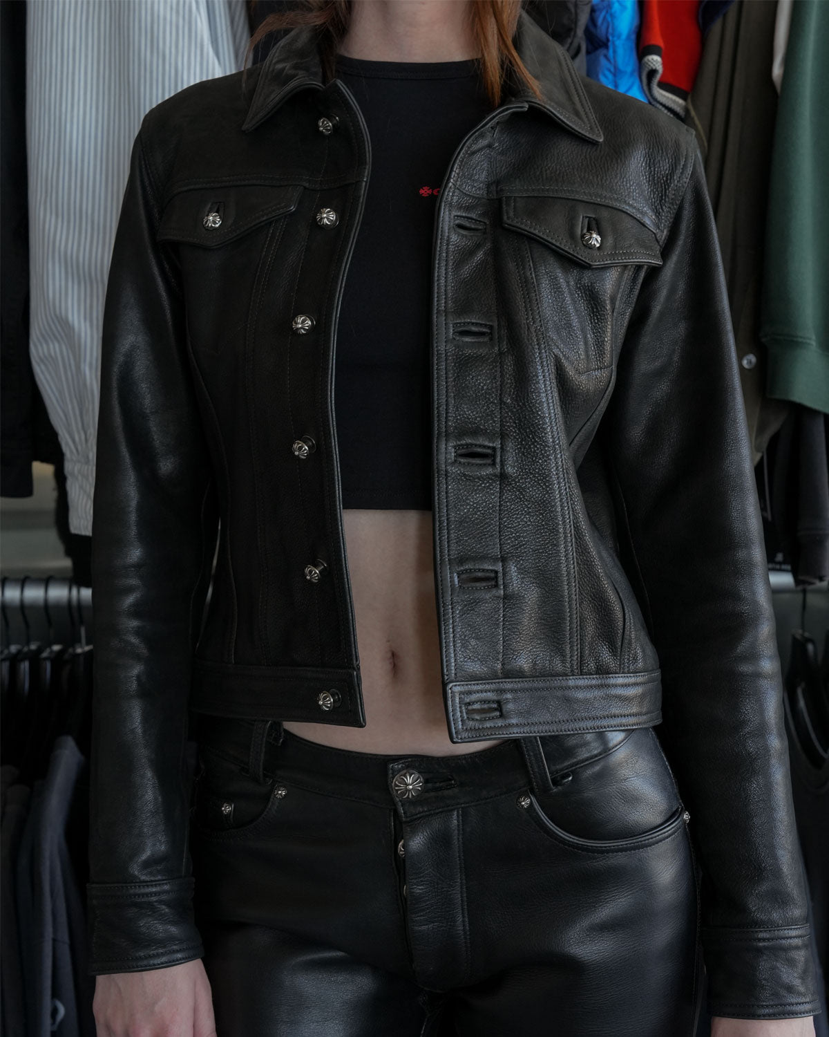 Star Embellished Leather Trucker Jacket