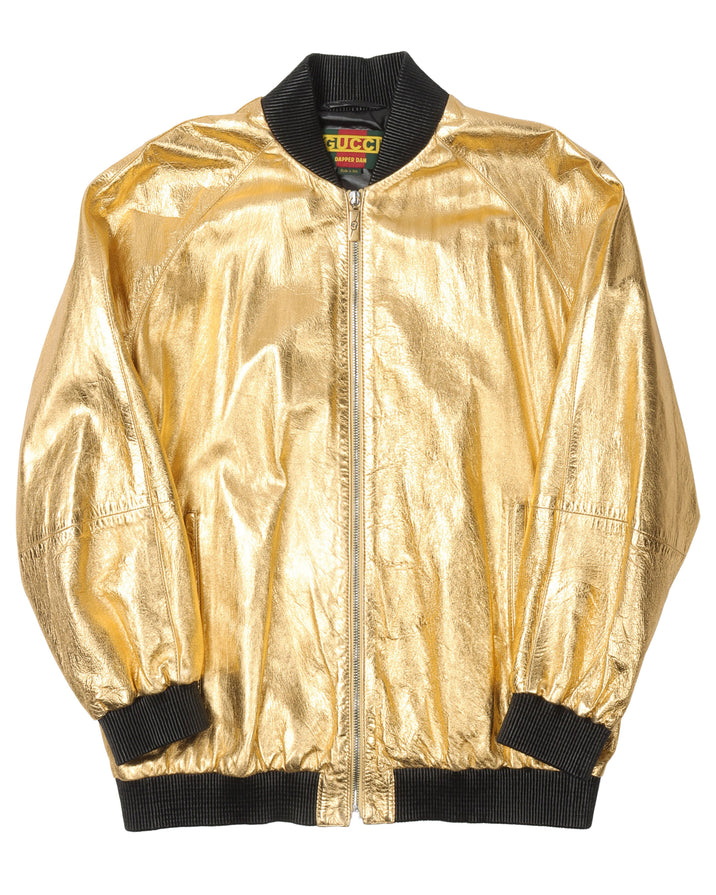 Gucci Dapper Dan Leather Jacket Bomber GG Gold Sz S