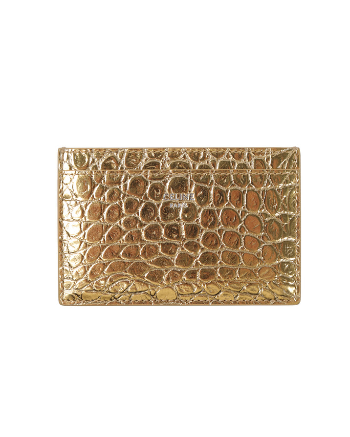 Laminated Crocodile Embossed Calfskin Gold Card Holder