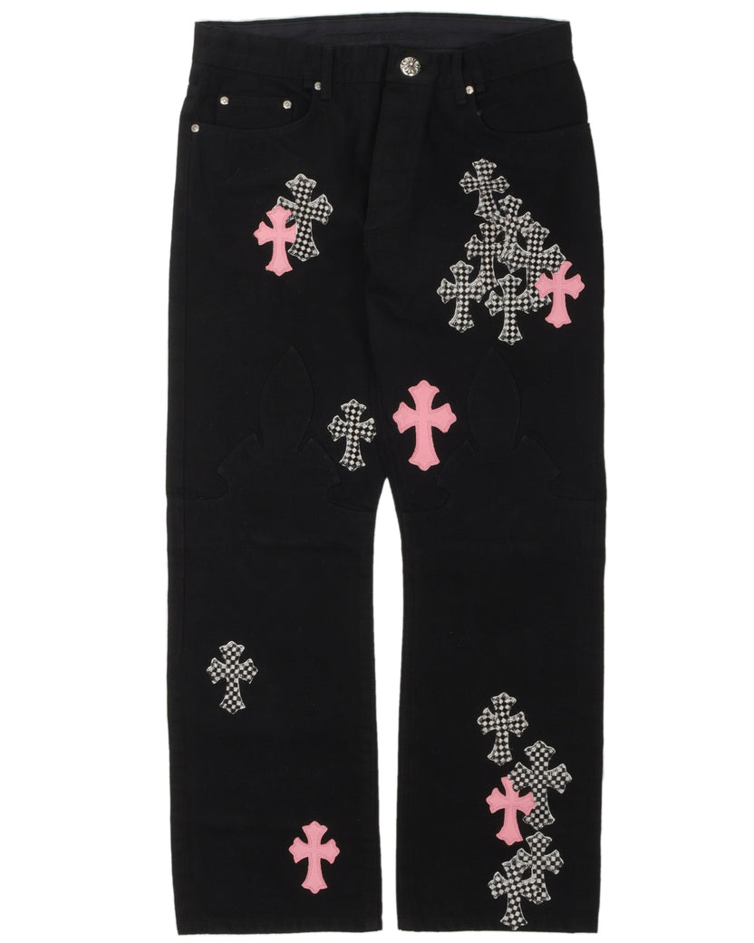 Checkered Cross Patch Fleur-Knee Jeans w/ 35 Cross Patches