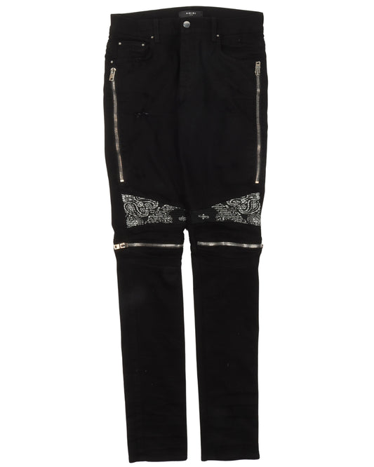 Black Paisley Biker Zip Jeans