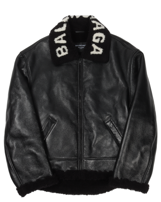 Collar-Logo Shearling Leather Jacket