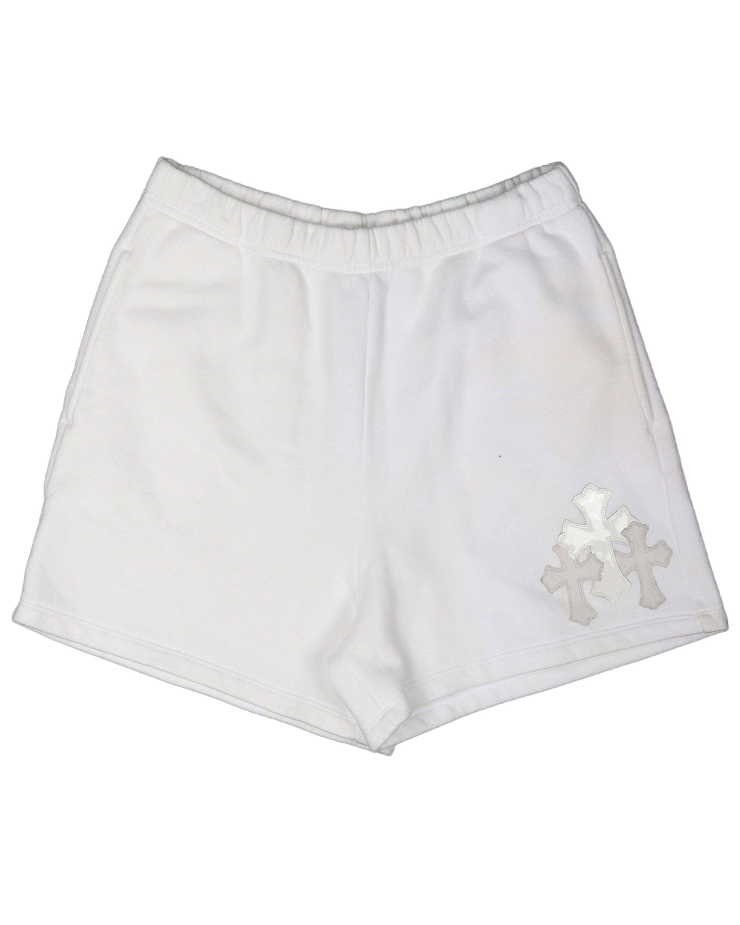 White Leather Patch Cross Sweat Shorts