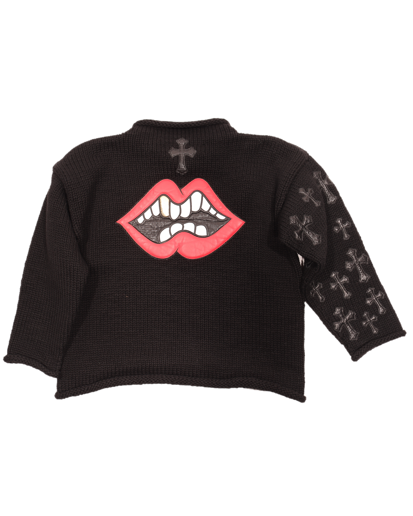 Handknitted Cashmere Crewneck Leather Embellished Sweater