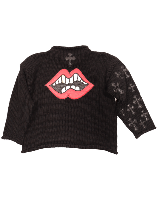 Handknitted Cashmere Crewneck Leather Embellished Sweater