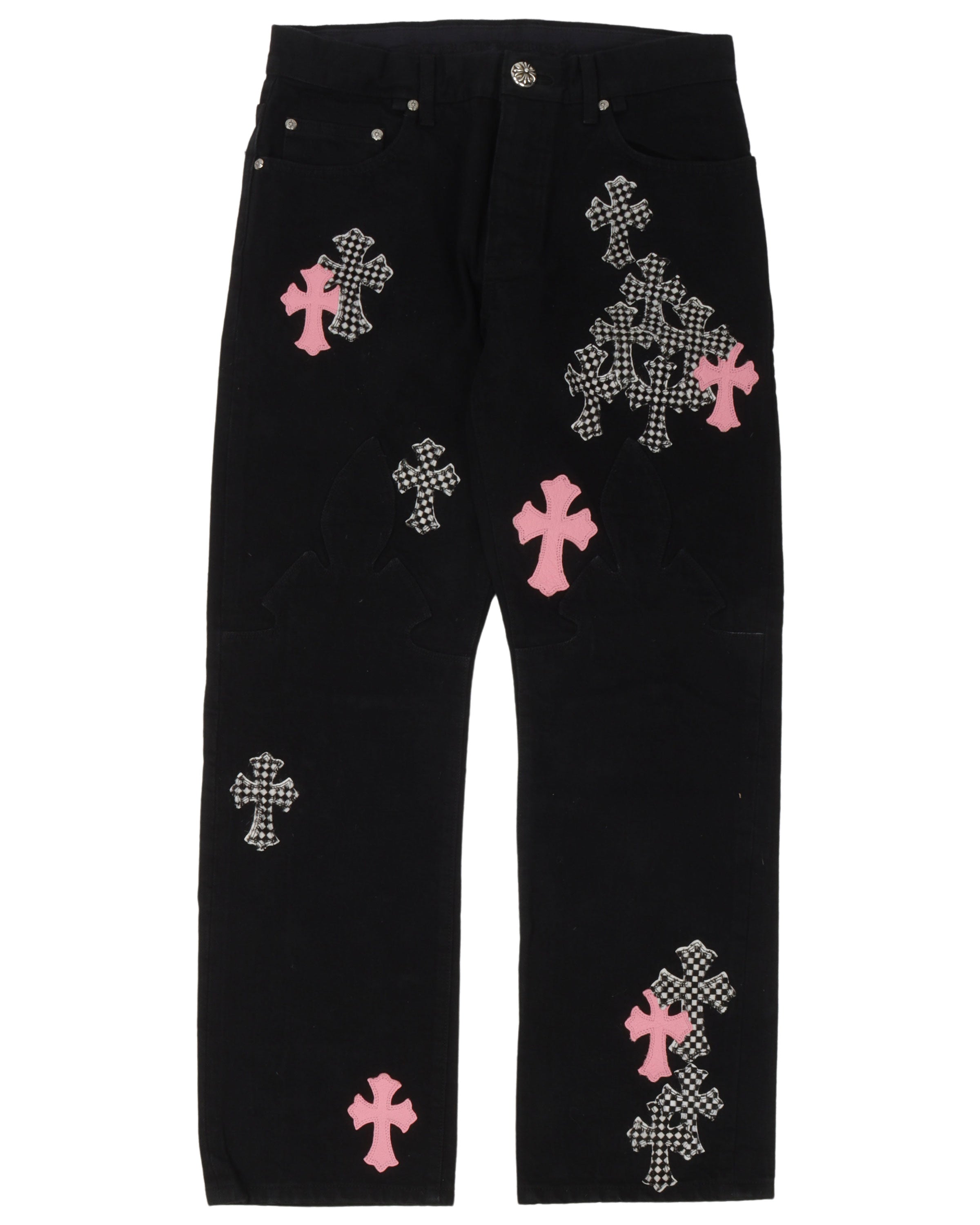 Checkered Cross Patch Fleur-Knee Jeans w/ 34 Cross Patches